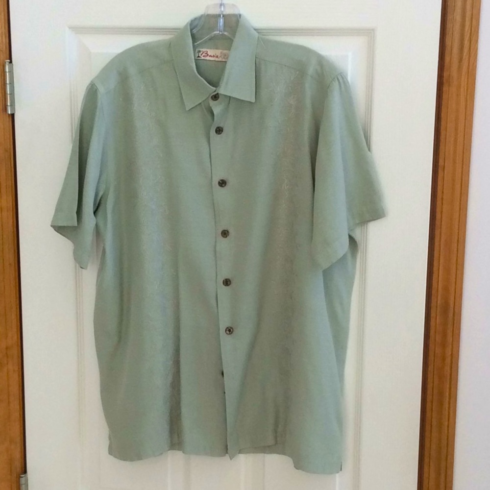 Men’s BASIX Embroidered Green Short Sleeve Casual Button Down Shirt- Large